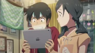 boy and girl looking at tablet — Weathering with You