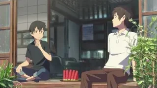 Two young men sitting on bench — Weathering with You