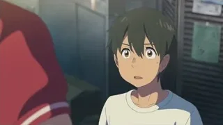 animated boy by door with notice board — Weathering with You