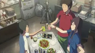 Three young people gathered in kitchen — Weathering with You