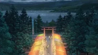 Japanese torii gate in forest at sunset — Your Name