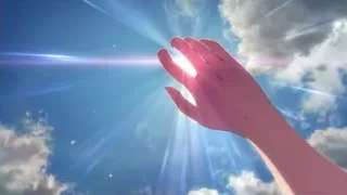 pink hand reaching towards sun rays — Weathering with You