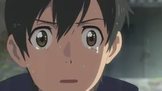 young boy with sad expression and tears — Weathering with You
