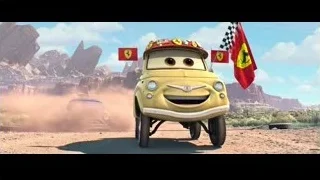 yellow car driving with flags in desert — Cars