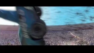 blue car flipped over on track — Cars